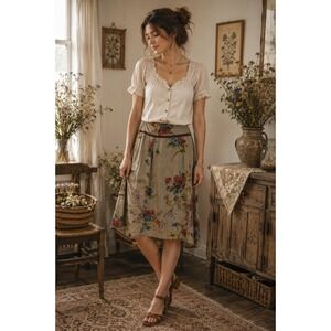 Boho Cottagecore Brown Floral Garden‎ Embroidered CAbi Turnberry Maggie 6 Skirt